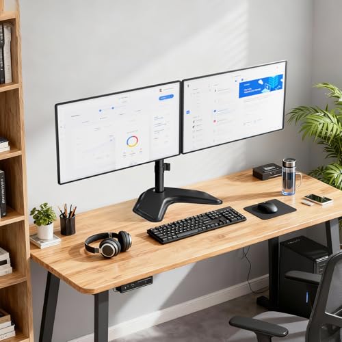 Image of WALI Free Standing Dual Monitor Stand up to 27 Inch, MF002, Black | Monitor Arm for 2 Monitors up to 10 kg Each, Adjustable with Swivel Tilt Rotation, Ergonomic, Space Saving, VESA 75 /100mm