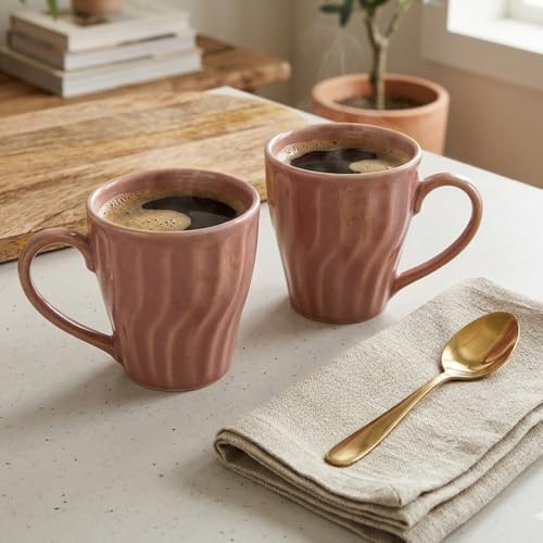 Image of The Earth Store Pink Artisan Wave Coffee Mug with Lid and Spoon Set of 2 | 340ML Ceramic Coffee Mugs Set of 2 | Resin Art Wooden Lid & Golden Spoon | Premium Coffee Mugs for Gift