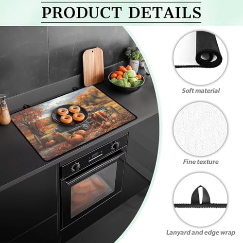 Image of Cattle Pumpkin Cat Stove Top Covers for Electric Stove, Heart Resistant Dish Drying Mat for Kitchen, Non-Slip Dust-proof Mat for Glass Stove Top, Thanksgiving Decorations