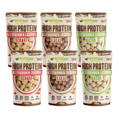 NutriPur High Protein Ackerbohnen Crispies 6er Set – 2x Natur, 2x Kakao & 2x Scharf | 29 g Eiweiß je 100 g | Glutenfrei, Vegan | Knuspriger Protein-Snack