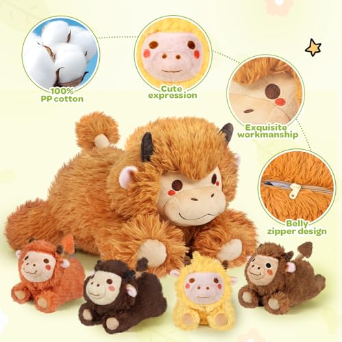 Image of KMUYSL Highland Cow Stuffed Animal for Girls Ages 0 1 2 3 4 5 6 7 8+ Years Old, Mommy Cow Animals Plush Toys with 4 Baby Calves, Soft Animal Stuffed Toys Set, Christmas Birthday Gifts for Kids Girls