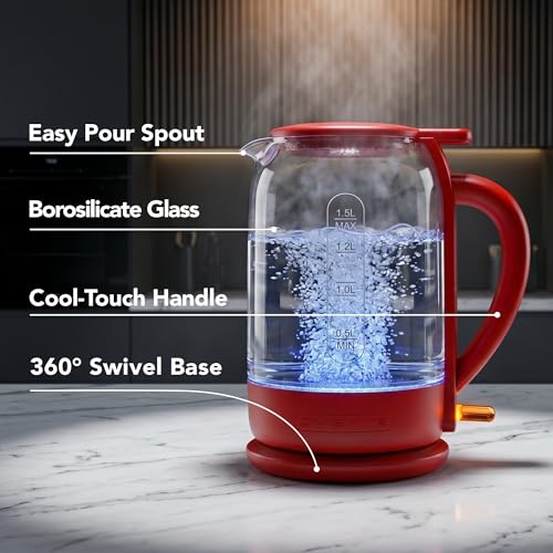 Image of OVENTE 1.5L Glass Electric Kettle Water Boiler, Red KG516R | 1500W Fast Boiling, Easy Fill Lid, Stainless Steel Filter, LED Indicator, Auto Shut-Off, Boil-Dry Protection, 360 Base