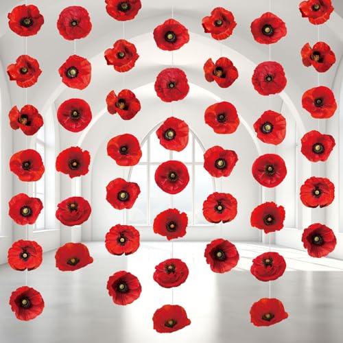 Image of Fullhawl 8 Pcs Wizard Themed Party Decorations Red Poppy Garland Artificial Poppy Flower Paper Garlands Hanging Banner Cutouts for Classroom Wizard Party Birthday Shower Memorial Day Supplies