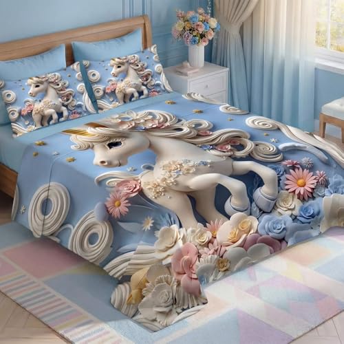 Image of 7D Fairy Tale Unicorn Horse Collection King Bedsheet 108x108 inch with 2 Pillow Covers | Good Stitching, Soft Fabric & Vibrant 7D Digital Print for Kids & Couples (Blue)