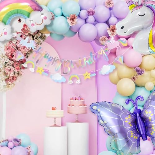 Image of Special You Unicorn Theme Birthday Decoration Kit for Baby Girl with Pastel Blue, Pink, Peach, Purple Balloons, Butterfly, Cloud, Unicorn Foil Balloon Set, Birthday Decor Items- 47 Pcs