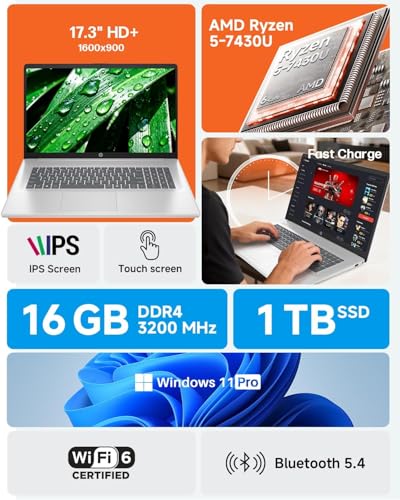 Image of HP 17 Inch Touchscreen Laptop Computer for Business, AMD Ryzen 5 7430U, 17.3 inch HD+ Anti-Glare Display, 16 GB RAM, 1 TB SSD, Copilot AI, Wi-Fi 6, Bluetooth 5.4, Fast Charge
