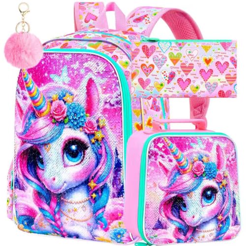 AGSDON Mochila de unicórnio peculiar para meninas – Conjunto de mochilas escolares interativas de lantejoulas com lancheira, resistente à água, 40,6 cm, pré-escolar para crianças do ensino fundamental