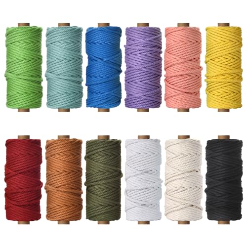 Hdviai 5mm x 396 Yards Macrame Cord - 12 Colors Natural Colored Macrame Cotton Cord Rope Kit - 4 Strand Twisted Cotton Rope for Wall Hanging，DIY Craft Making，Plant Hangers，Knotting Decorative Projects