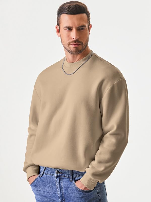 JMIERR Baumwolle Pullover Herren Freizeit Rundhals Sweatshirts Winter Langarm Hoodies Loose Fit Beige L