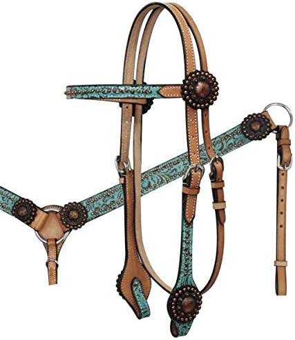 Showman Light Leather Horse Teal Filigree Bridle, Split Reins, and Breast Collar Set with Copper Studs and Accents.