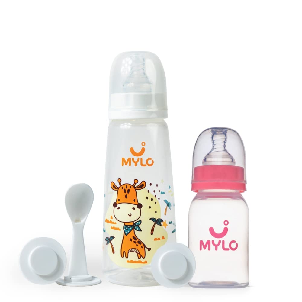 Mylo Baby 2 in 1 Feeding Bottles with Spoon for New Born Baby (125ml + 250ml) | Anti Colic & BPA Free Feeding Bottles | Feels Natural Baby Bottle | Easy Flow Neck Design- Pink + Giraffe-image-39