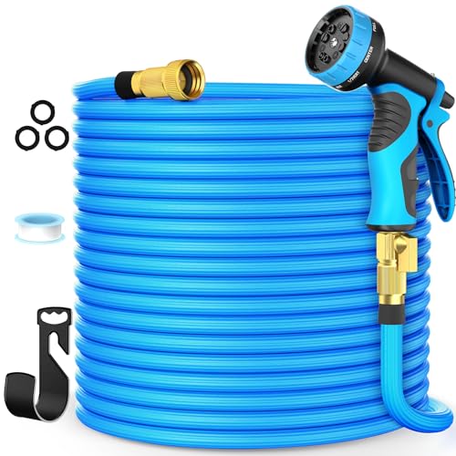 Vezane Xpandable Garden Hose 100 ft, Flexible Water Hose with 10 Function Spray Hose Nozzle, Lightweight & No-kink Leakproof Hose, Blue, ASS004