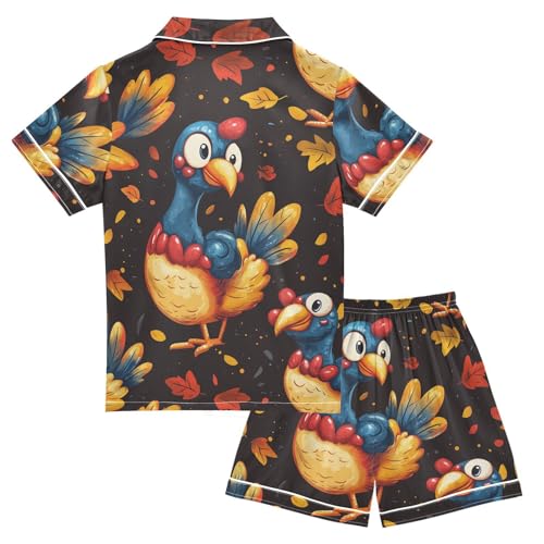 Satin Pajama Sets Short Sleeve Autumn Leaves Bird Turkey Button Down Silky Nightwear 2 Piece PJS 5-14Y2