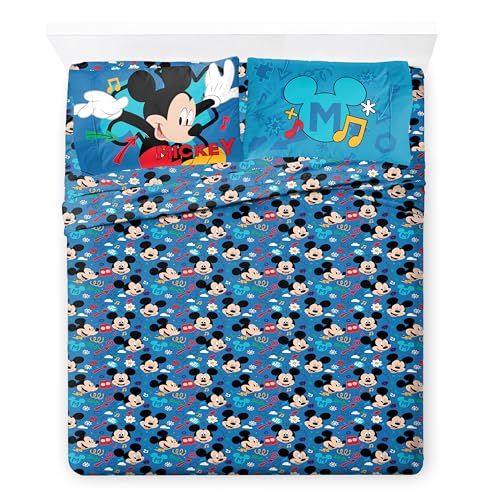 Image of Disney Mickey Mouse Full Size Comforter Set 7 Piece Kids Bedding, Blue | Bed in a Bag, Comforter Sheets Shams Pillowcases, Official Product, Soft Microfiber, Machine Washable, Boys Gift