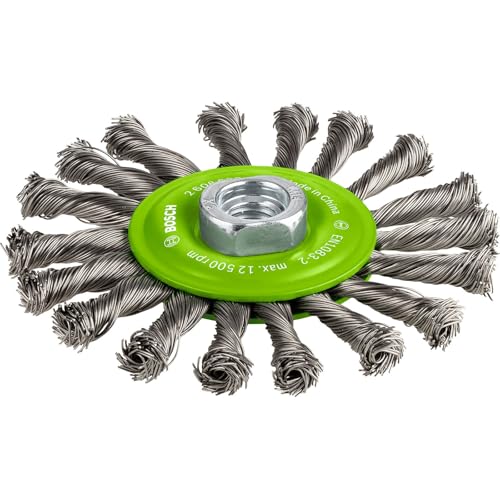 Bosch 1x PRO Stainless Steel Longlife Scheibenbürste, gezopfter Draht für kleine Winkelschleifer und M14-Gewinde (für Nichteisenmetalle, Stahl, Ø 115 mm, Professional Zubehör Kleiner Winkelschleifer)