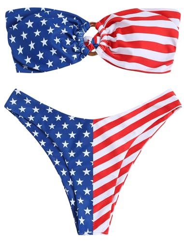 Image of ZAFUL Women's Bandeau Bikini O Ring Strapless Tie Back High Cut Two Piece Swimsuit Bathing Suits