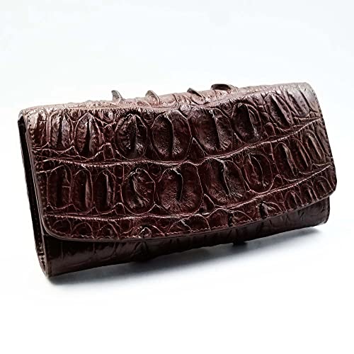 New Brown Genuine Crocodile Leather Black Tail Skin Women Tri-Fold Clutch Wallet Purse.3