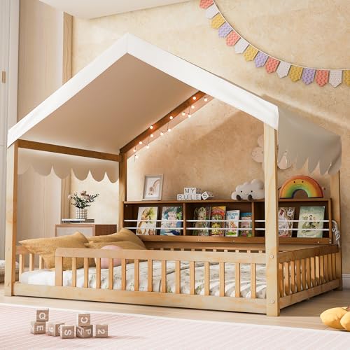 Image of Full Size Wooden Floor Bed for Kids,House-Shaped Daybed with Fense,3 Storage Bookshelves,Curtain and LED Light (Natural+Beige6)