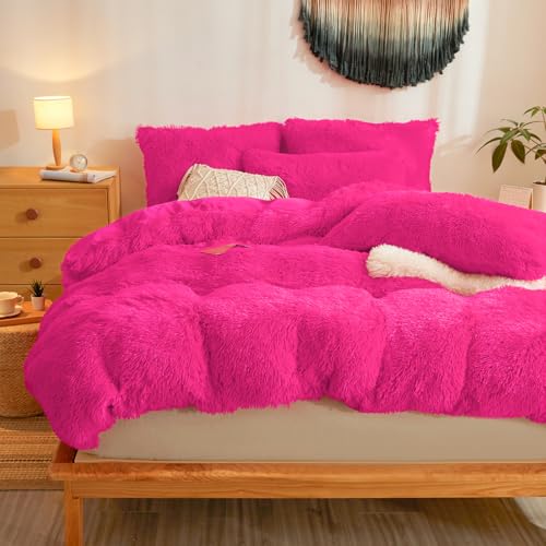 Fluffy Faux Fur Hot Pink Comforter Cover Queen Set – Plush Fluffy Hot Pink Bedding 3-Piece Set (1 Duvet Cover + 2 Furry Pillow Shams) Cozy Bed Set