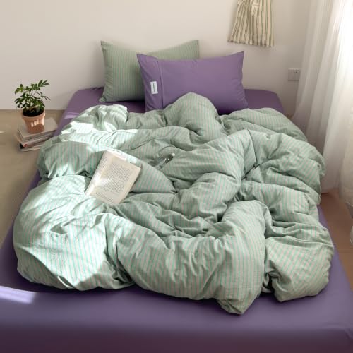 Image of Striped Duvet Cover Set Washed Cotton,King(104 inchx90 inch),Pinstripes Green