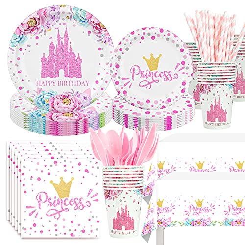 Princess Birthday Party Supplies Princess Party Decorations Tableware Set Include Plates Napkins Cups Cutlery Tablecloth