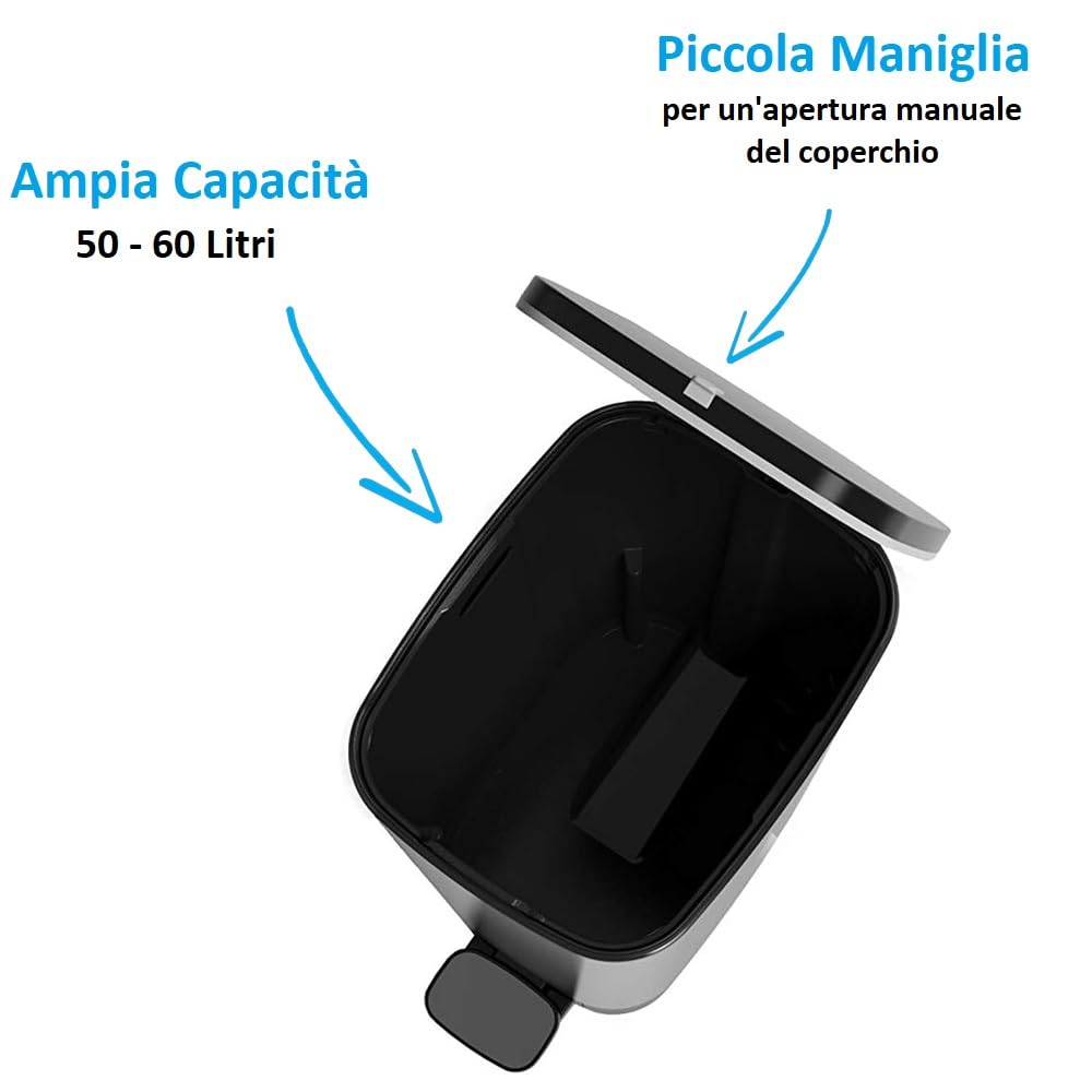 PALUPLUS Pattumiera da Cucina in Plastica Effetto Acciaio, Misura 27x41x45 cm, Capacità 35 Litri, Pedale per Apertura Automatica, Gommini Antiscivolo, Coperchio Anti Odori -329C