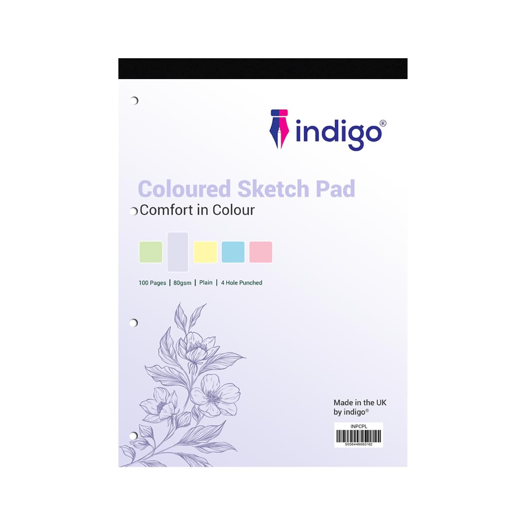 indigo® Dyslexia Pad A4 Coloured Plain Sketch Pad 100 Pages Tinted Refill Pad (6, Lavender)