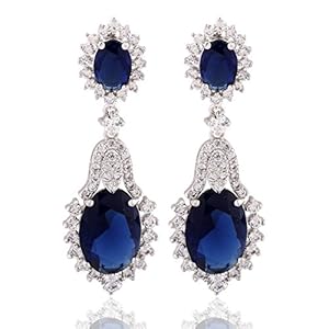 GULICX Vintage Design Long Luxury Oval CZ Stone Silver Tone Blue -Sapphire Color Drop Earrings