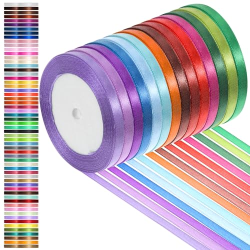 SHENLIU 60 Rolls Rainbow Satin Ribbon 1/4 Inch 24 Yards/Roll Colorful Ribbons Solid Fabric Ribbon Roll for Gift Wrapping DIY Crafts Wedding Shower Christmas Birthday Party Decor(1440 Yd 60 Colors)