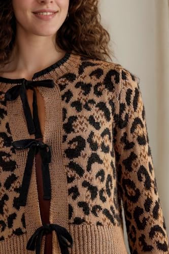 Image of Kedera Women Leopard Cardigan Open Front Tie Up Sweaters Long Sleeve Cheetah Print Top Cropped Cardigan Jackets
