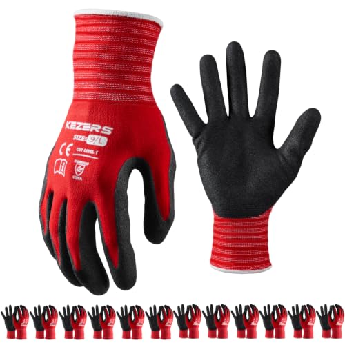 KEZERS Safety Work Gloves 12 Pairs Nitrile Coated Work Gloves for Men Seamless Knit Nylon Gloves with Smooth Grip on Palm & Fingers Ideal for Gardening Warehouse Construction Woodworking (Red Large)