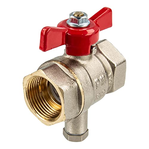 tecuro Kugelhahn mit Messfühleranschluss M10 x 1 mm, 1 Zoll IG/IG, mit Flügelgriff, temperaturbeständig bis 130°C, Druckstufe PN30, Messing vernickelt