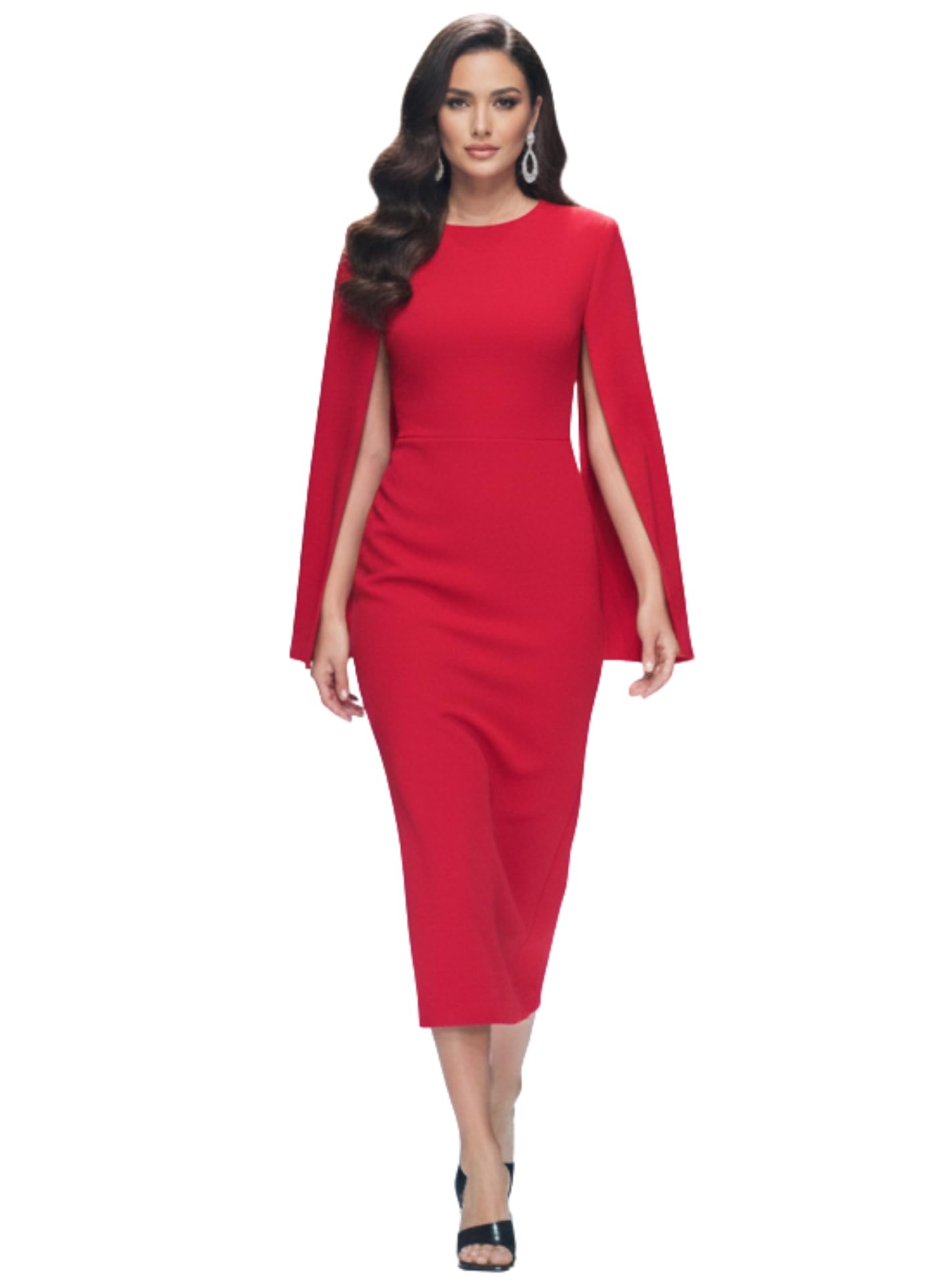 GRECIILOOKS Women’s Solid Bodycon Midi Dress | Cape Sleeve Round Neck Western Party Dress