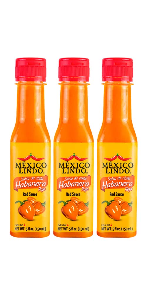 Mexico Lindo Red Habanero Hot Sauce | Real Red Habanero Chili Pepper | 78,200 Scoville Level | Enjoy with Mexican Food, Seafood & Pasta | 4.5 Fl Oz Bottle (Pack of 3)