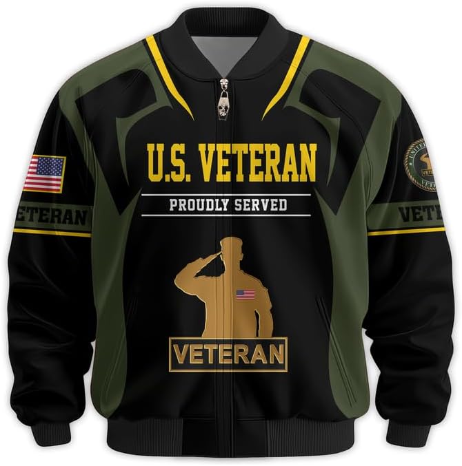 US Veteran Bomber Jacket - Proudly Served Men Military Jacket, Waterproof Coat, Veterans Day Gifts, Father's Day Gift