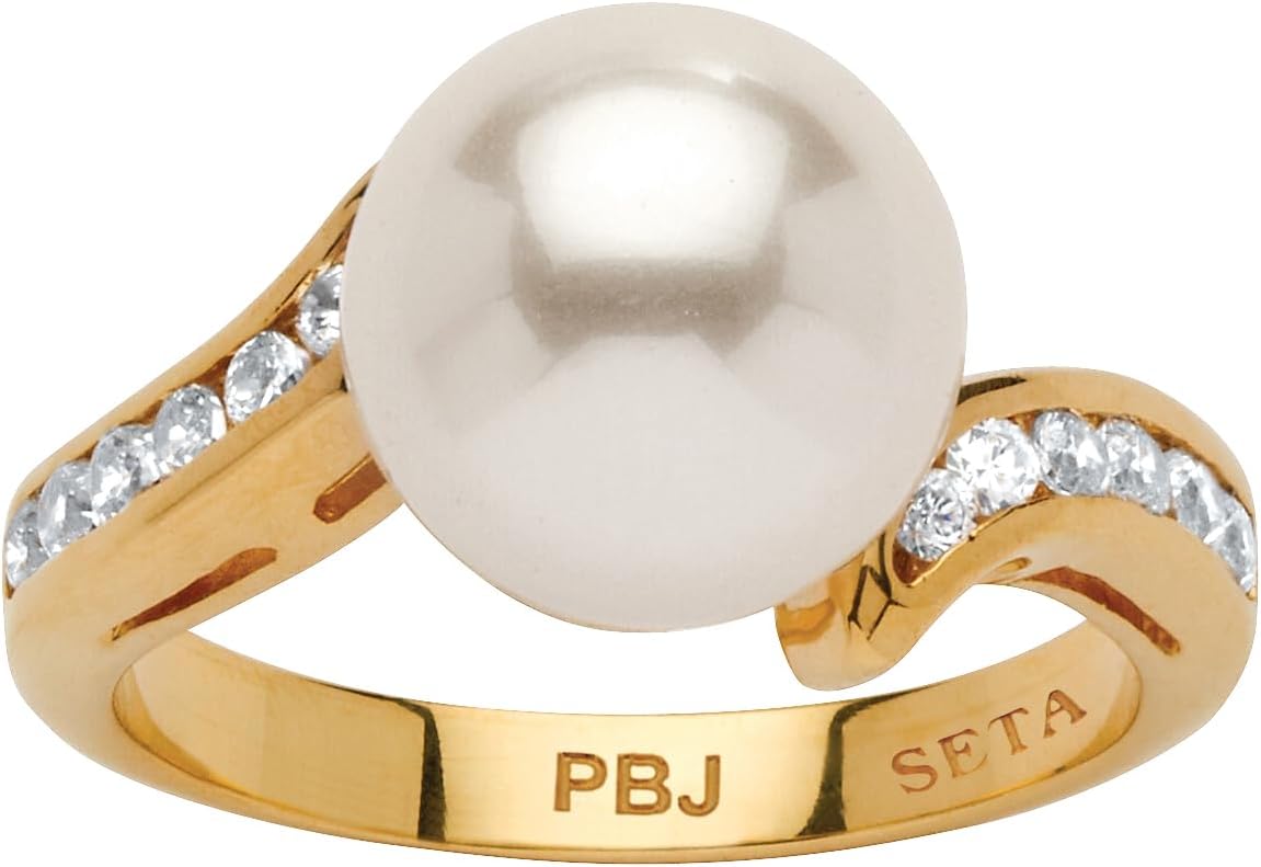 PalmBeach Yellow Gold-Plated Round Simulated Pearl and Round Cubic Zirconia Ring Sizes 5-10