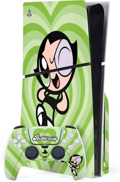 Skinit Decal Gaming Skin Compatible with PS5 Slim Disk Bundle - Officially Licensed Cartoon Network Powerpuff Girls Buttercup Green Hearts Design