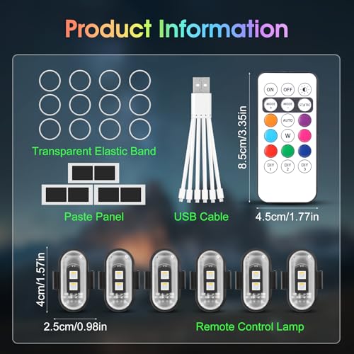 Mineup 6 Stück Kabellose Led Lichter, 8 Farbiges Strobe Drone Light, Fernbedienung Blitzlicht mit Fernbedienung, USB-Aufladung Antikollisionslichter,LED Flugzeug Blitzlicht für Drohne Motorrad