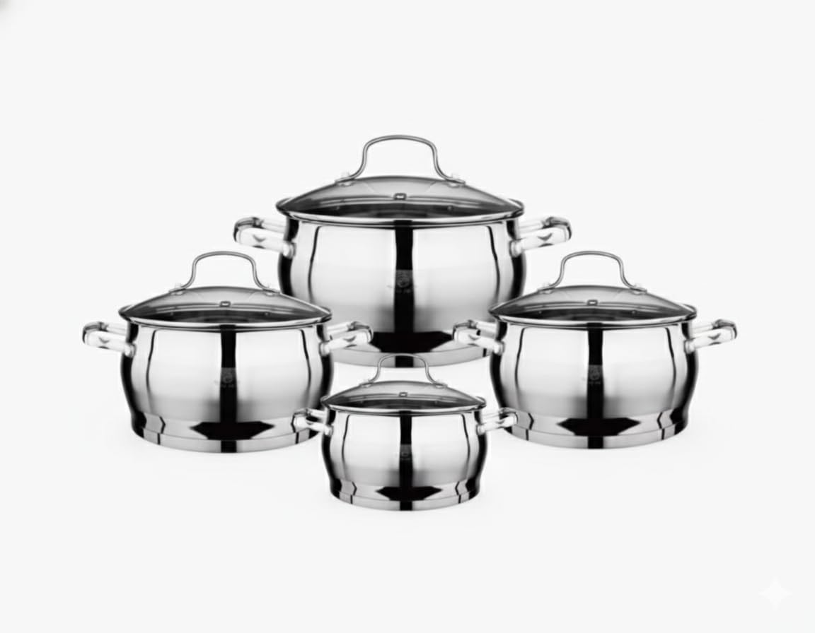 Batería de Cocina 4 Piezas, OTA Acero Inoxidable Tapas de Cristal, juego de ollas Compatible con Inducción, Apto para Horno y Lavavajillas,