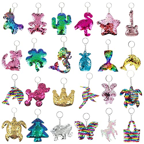 ePicsoa 24 Pcs Colorful Sequin Keychains Girls Keyrings Party Bags Gift, Reversible Sequins for Kids Adults Birthday Favors Backpack Accessories