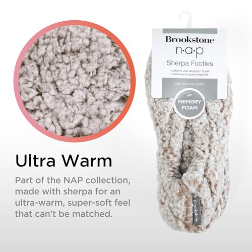 Image of Brookstone Plush Footies - Memory Foam Slippers with Ultra-Soft Sherpa, Non-Skid Sole, One-Size-Fits-Most, Machine Washable for Women, Stocking Stuffers and Christmas Gifts