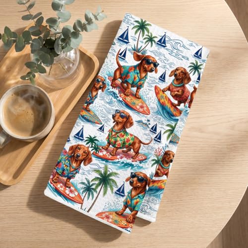 Image of Funny Dachshund Kitchen Towels 24x14 Inch, Summer Dachshund Gifts Reusable Dish Towels for Kitchen Bathroom Decor, Waffle Weave Absorbent Tea Towel, Weiner Dog Gifts for Women Mom Friend Girls