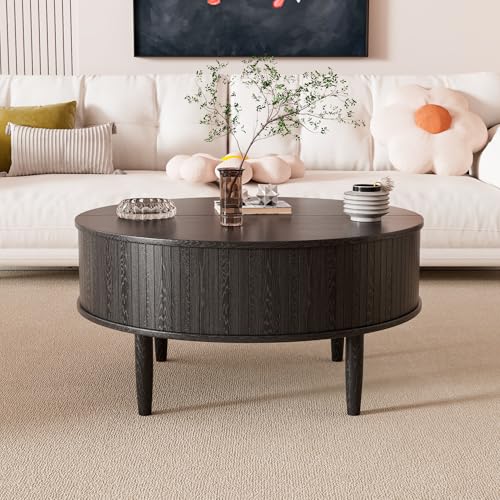Image of Round Fluted Lift Top Coffee Table with Storage, Mid Century Modern Coffee Table for Living Room, Home Small Space,31.5 inch Fluted Center Table (Black, 31.5inch)