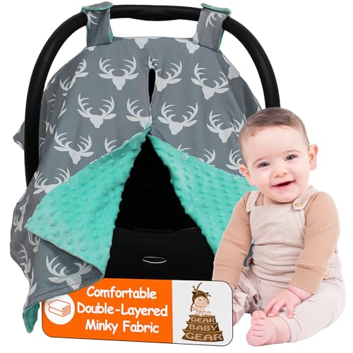 Image of Dear Baby Gear - 40x30 Car Seat Canopy, Infant Carrier Cover for Boys & Girls, Cozy Fall Baby Gift, Nursing & Stroller Use, Newborn Travel Sunshade Accessory, Antlers on Gray, Mint Dot