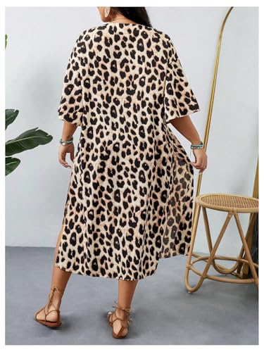OYOANGLE Women's Plus Size Beach Cover Ups Leopard Print Open Front Long Kimono Cardigan Swimwear3