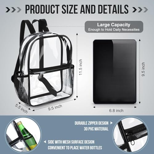 Image of Sweetude 12 Pcs Clear Backpack for Stadium Events Bulk 11.5x9.5x5.5 Inch Small Transparent Bag with Front Pocket for Concert Travel (Black)