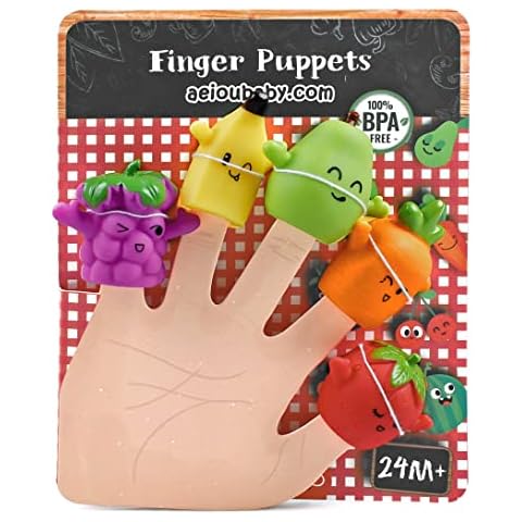 aeioubaby.com Finger Puppets for children and babies | 5 Fruits and Vegetables | BPA-free PVC Puppets | Bath Toys | Hand Puppets | Stories Cover