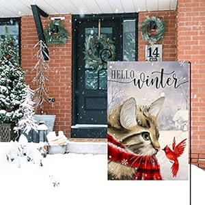 Wintercatgardenflag12x18verticaldoublesidedcardinalbirdsnowchristmasholidayoutsidedecorationsburlapyardflagbw230  Urban Country Home Decor Winter cat garden flag 12×18 vertical double sided cardinal bird snow christmas holiday outside decorations burlap yard flag bw230  urban country home decor