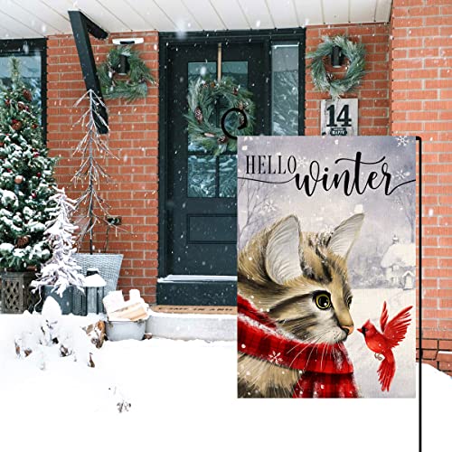Wintercatgardenflag12x18verticaldoublesidedcardinalbirdsnowchristmasholidayoutsidedecorationsburlapyardflagbw230  Urban Country Home Decor Winter cat garden flag 12×18 vertical double sided cardinal bird snow christmas holiday outside decorations burlap yard flag bw230  urban country home decor