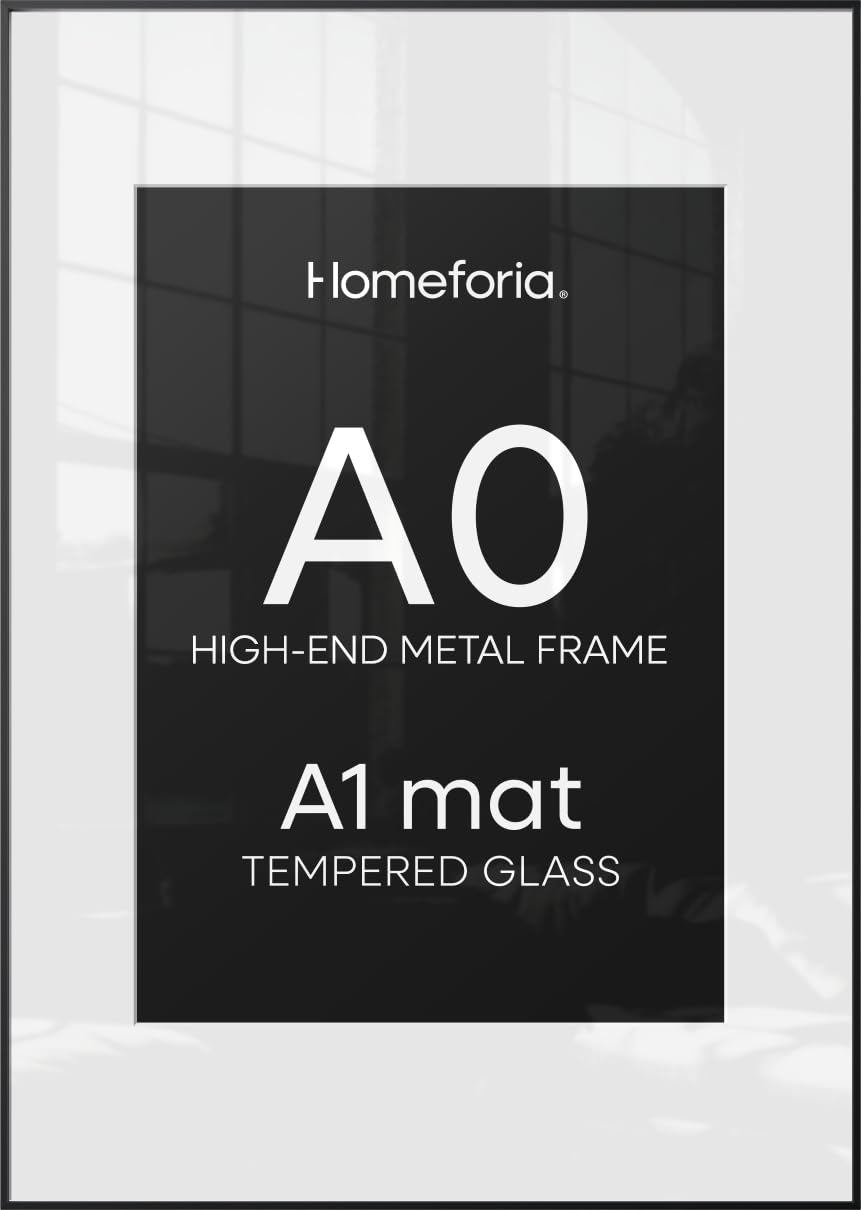 Homeforia A0 Black Poster Frame, High-End Metal, A1 Mat, Glass | High End Aluminum, Tempered Glass, Acid-Free A1 Removable Mat, A0 Edge-to-Edge Display, Wall Kit, Set Of 1